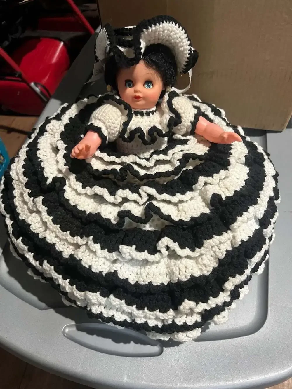 Vintage Hand-Crochet Doll Toilet Paper Holder Black and White